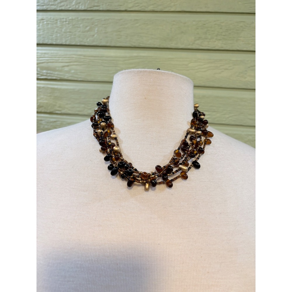 Multi Strand Beaded Necklace Warm Honey & Black Gold Earthy Boho Layered 21 Inch